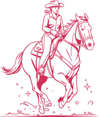 Fototapeta premium Cowgirl riding a horse running at speed, lasso and cowboy hat on the saddle