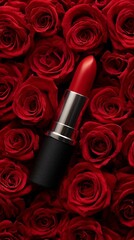 Red lipstick placed among red roses on a flat surface creates a striking contrast in a simple arrangement
