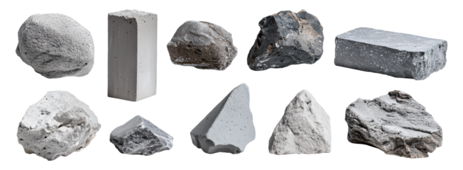 Collection set of various stones and concrete blocks isolated on transparent or white background, png