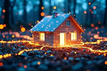 A mesmerizing image of a illuminated house enveloped in a web of vibrant energy lines, accompanied by hovering numbers symbolizing energy efficiency and financial savings in the future.