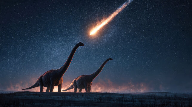 Two Diplodocus dinosaurs observe a meteorite falling from the sky against a star-filled night. The scene conveys a dramatic moment in the prehistoric era