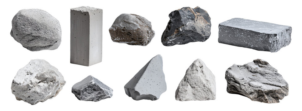 Collection set of various stones and concrete blocks isolated on transparent or white background, png