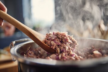 Cooking ground beef with onions in a pot on a stove in a home kitchen during the day