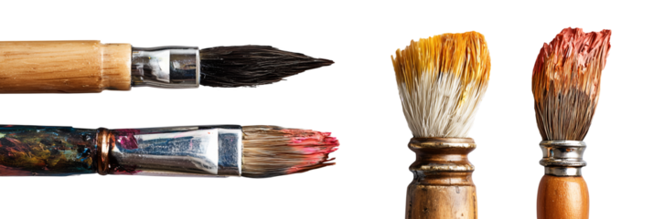 Collection set of used artist paintbrushes isolated on transparent or white background, png