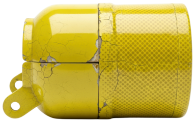 Weathered yellow cylindrical metal capacitor component isolated on transparent background