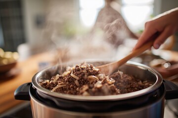 Cooking ground beef and onions in a pot during a sunny afternoon in the kitchen