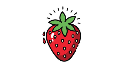 Simple and cute cartoon illustration of a fresh, shiny red strawberry with green leaves and a drop of juice, on a white background.