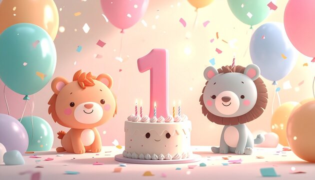 birthday party scene with soft pastel balloons and smiling cartoon animals. Semi-realistic festive composition with playful, joyful, childlike atmosphere and gentle colors.