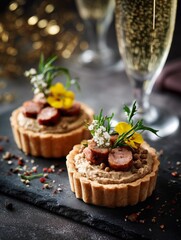 Gourmet savory tarts with meat and garnish served alongside sparkling drinks at a festive gathering