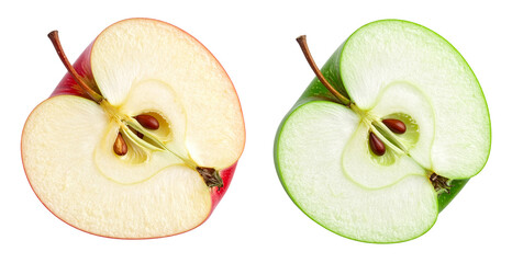 red and green apple half slices isolated on white