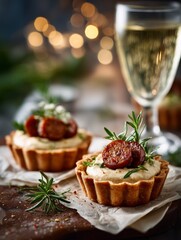 Savory tarts with sausage and rosemary served with sparkling drink at a festive gathering in an indoor setting