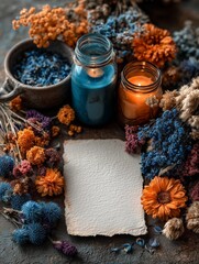 Colorful flowers and candles surround blank paper on a table with unique textures and natural elements showing an artistic arrangement