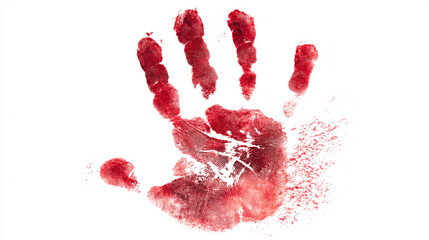 Red bloody handprint isolated on white background, crime scene forensic evidence of human palm print with detailed skin texture