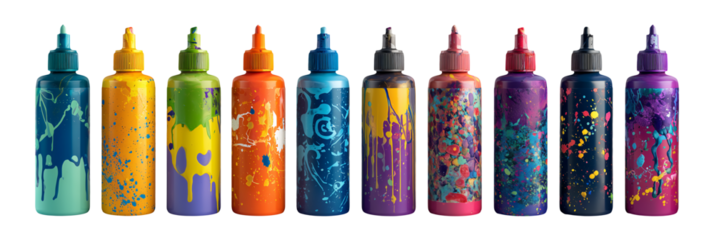 Collection set of colorful paint bottles with splatters isolated on transparent or white background, png