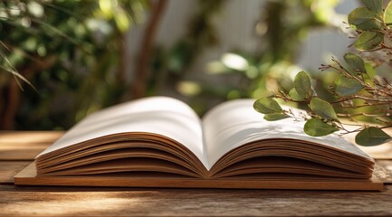Open book on wood, serene scene with green foliage backdrop