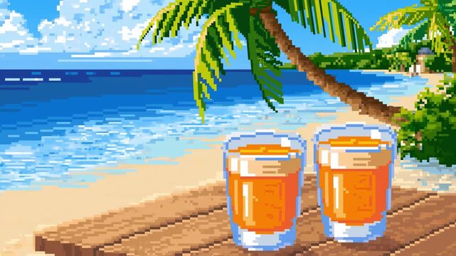 Pixel art tropical beach with palm tree and summer drinks. Sunny vacation vibe, retro aesthetic atmosphere. Travel concept.