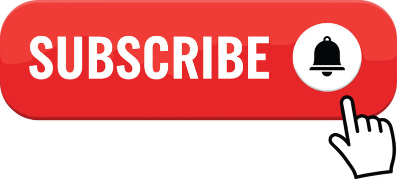 Red subscribe button icon with notification bell and hand cursor click for video channel