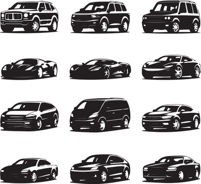 collection of various car types and models in black silhouette on white background
