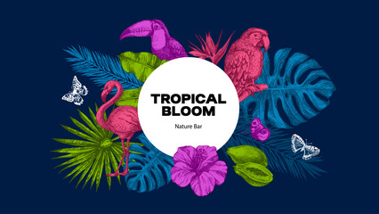Tropical background with exotic vibe. Parrot, tropical leaves, hibiscus, butterflies. Coffee, restaurant, food packaging, event decor concept. Hand drawn retro sketch vector illustration. © pim