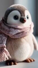 Cute stuffed penguin wearing a pink scarf stands on a table in a bright room during daytime