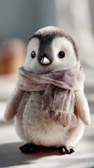Soft plush penguin wearing a scarf, sitting on a table, with a light background during the day showcasing its round shape and tiny features