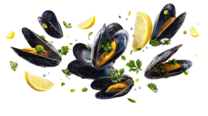 Gourmet cooked mussels with fresh lemon and parsley served as a healthy seafood appetizer dish on a white background for a restaurant meal