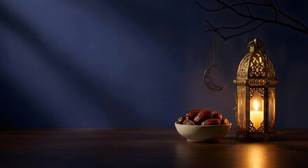 Ramadan lantern with crescent moon on dark blue background