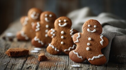 Baking gingerbread men cookies on a wooden table during the holiday season in a cozy kitchen