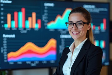 Confident Young Female Analyst Poses in Front of Colorful Financial Data Dashboard Full of Charts and Graphs