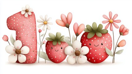 Celebration of a first birthday with strawberries and flowers in a cheerful design