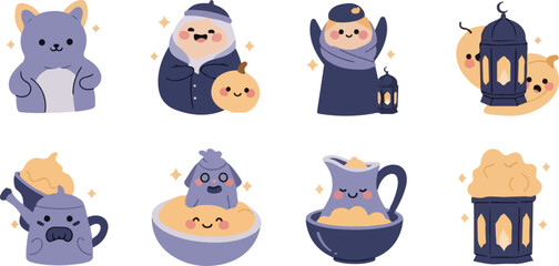Cute Ramadan Kareem Character Sticker Set with Kawaii Animal, Muslim Kids, Lantern, and Iftar Food Elements