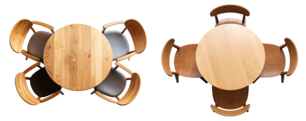 group top view of four chairs with round table setting isolated on white