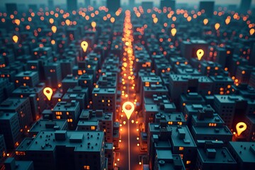 A Breathtaking Aerial View of Cityscape with Glowing Map Pin Markers Tracing a Futuristic and Enigmatic Path