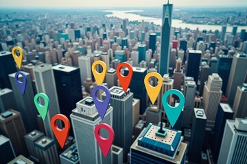 Bird's Eye View of a Vibrant Cityscape Adorned with Colorful Map Pins Highlighting Key Points of Interest