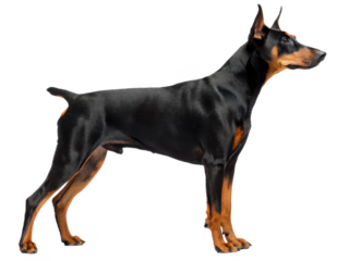 Sleek and muscular purebred Doberman Pinscher dog with a short, glossy black coat and distinctive rust-colored markings, stands in a poised profile view against, isolated on transparent background.