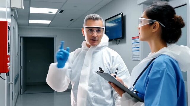 Two professionals in protective gear discussing procedures in a sterile medical environment with equipment in the background