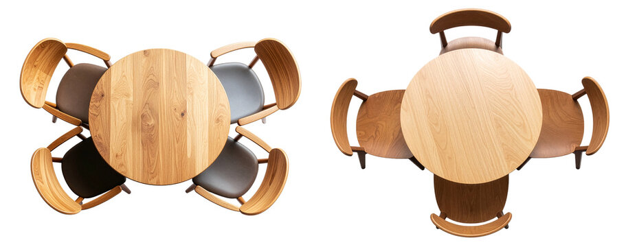 group top view of four chairs with round table setting isolated on white