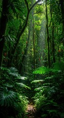 Fototapeta premium Sunlight filters through a dense lush green forest illuminating a winding path