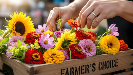 Florist hands arranging a colorful bouquet of summer flowers in a wooden crate. Fresh zinnias and sunflowers at a local farmer's market