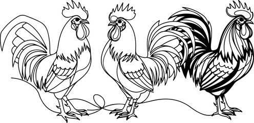 Continuous Line Art Three Chicken Poses Farm Illustration