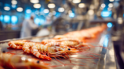 Large shrimp rest on a conveyor belt in a seafood processing facility while modern equipment remains out of focus in the background