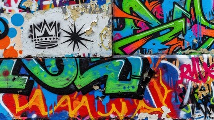 Obraz premium Vibrant graffiti art with dripping paint and peeling textures on a weathered urban wall.