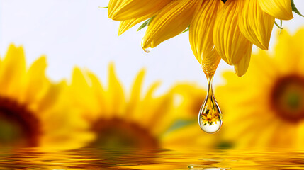 Drop of sunflower oil falls from above with sunflowers in soft focus behind. Bright background highlights the rich color and texture of the oil