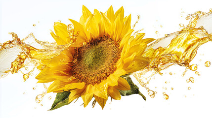 A ripe sunflower sits isolated on a white background with clear sunflower oil splashing around it in high detail and sharp focus for visual impact