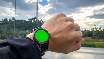 Close-up of a persons hand wearing a smartwatch with a green screen, outdoors.