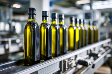 Plakat Tall, dark olive oil bottles move smoothly on a conveyor belt, bathed in natural light that highlights the elegance of modern packaging