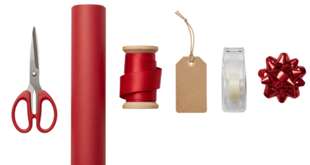 set of gift wrapping accessories including paper ribbon and scissors isolated on a transparent background