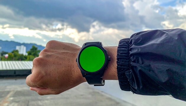 Close-up of a person wearing a smartwatch with a green screen on their wrist. - Powered by Adobe