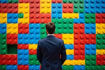 Man in Business Attire in Front of Colorful Block Wall Representing Financial Data Metrics