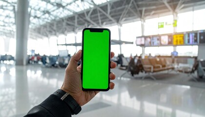 Person holding a smartphone with a green screen in an airport terminal.